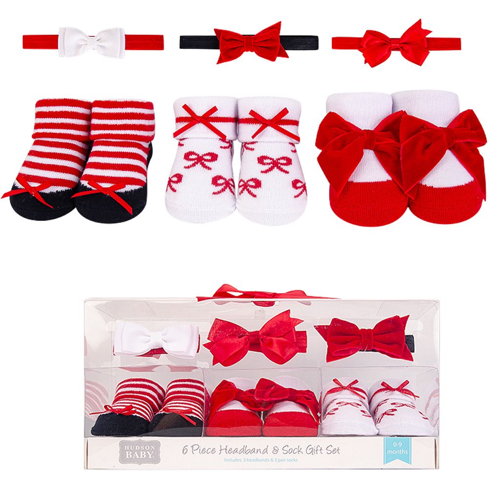 美國 luvable friends - 甜蜜寶貝3入嬰幼兒髮飾+3入嬰兒襪/寶寶襪/初生襪禮盒組-紅色蝴蝶結 (0-9M)