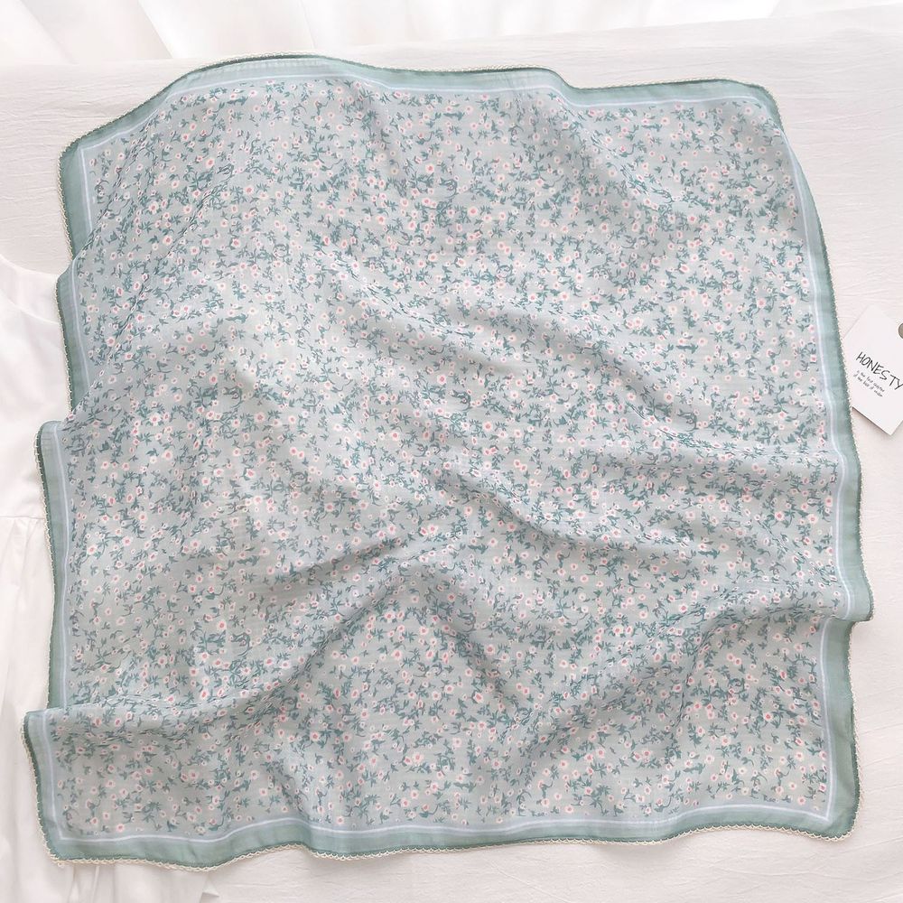 法式棉麻披肩方巾-白色碎花-綠色 (90x90cm)