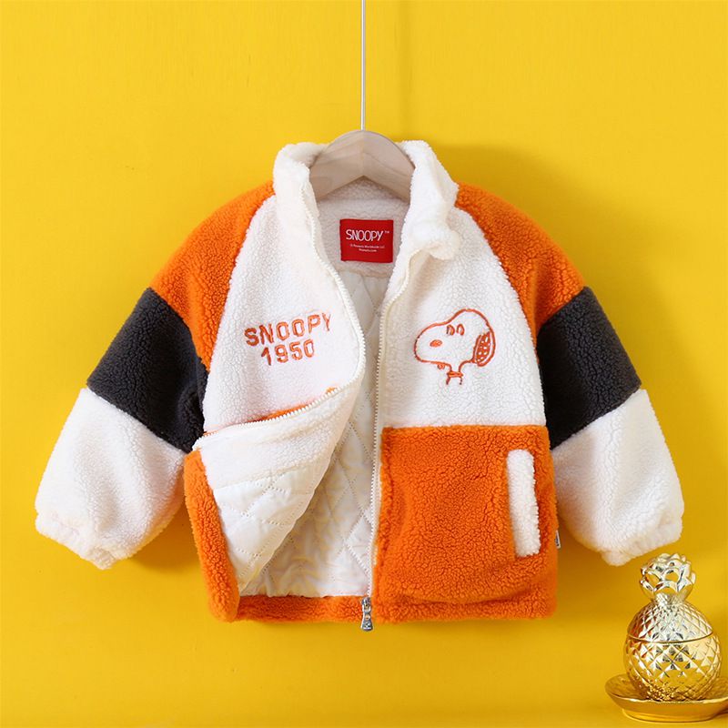 卡通人物史努比羊羔絨半高領拼色外套-SNOOPY刺繡-橘色