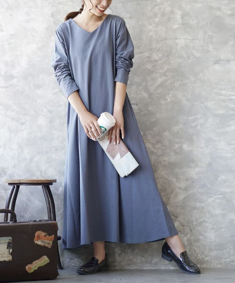 日本 zootie - 抗透汗 純棉修身長袖洋裝-V領-咖啡