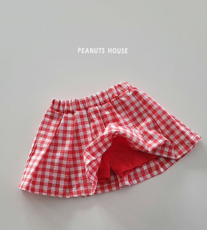 韓國 Peanuts House - 鬆緊腰小格打褶褲裙-黑X白