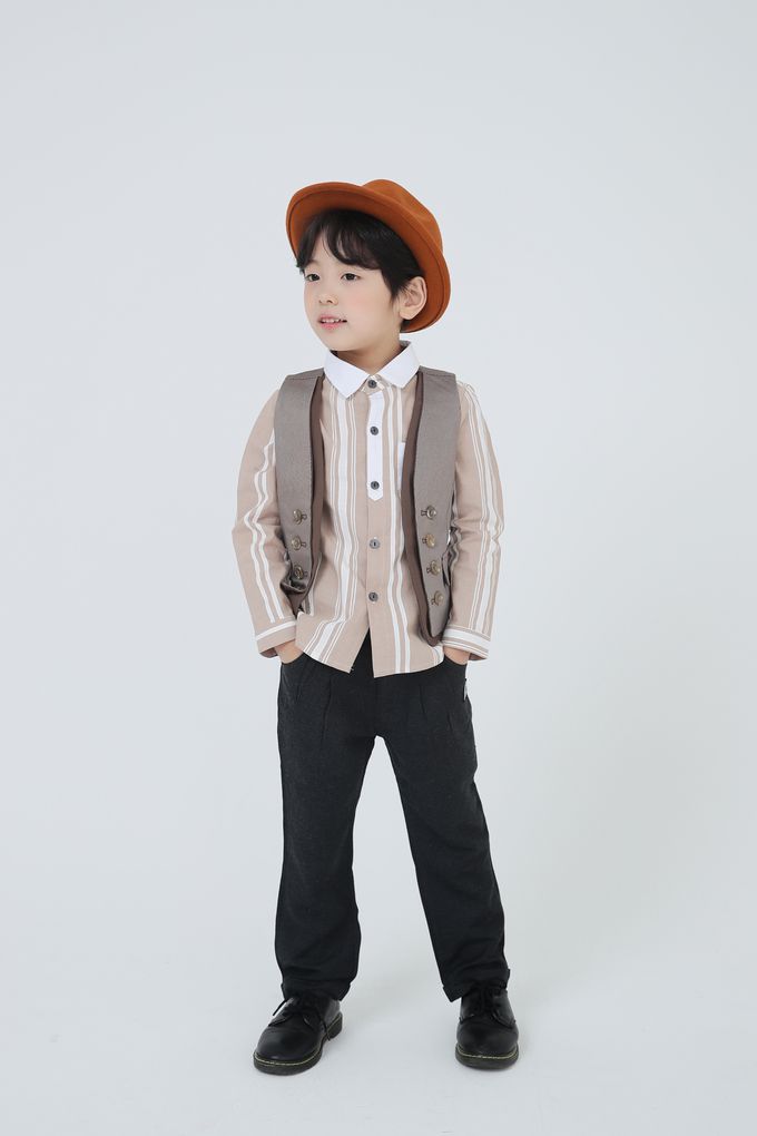 韓國 Coco Bang - 間隔條紋小口袋翻領長袖襯衫-灰