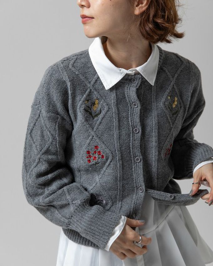 日本 gleam - 文藝風小花刺繡立體針織開襟衫-黑