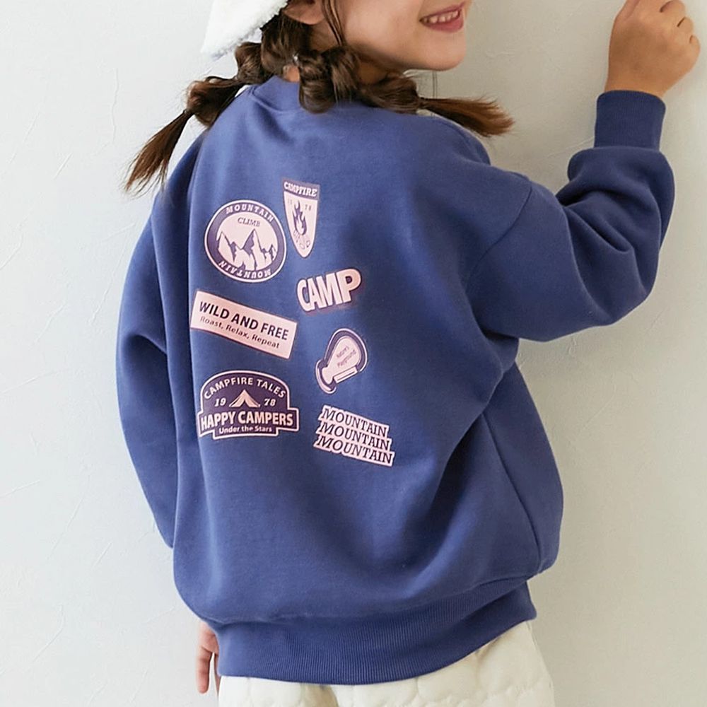 熱銷定番 裏起毛落肩大學長袖上衣-徽章-藍紫