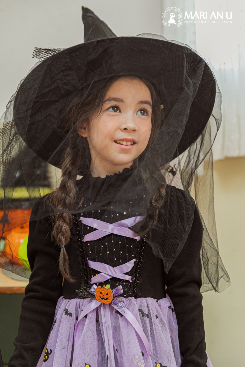 韓國 Mari an u - 萬聖節魔女南瓜網紗洋裝-黑X紫