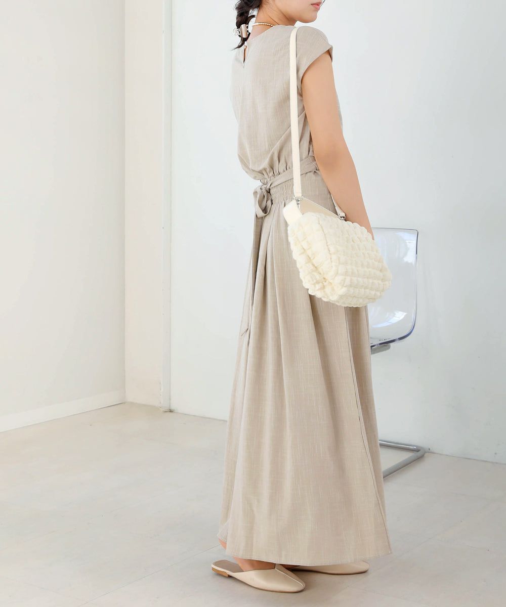 日本 Bab - 顯瘦剪裁收腰法式袖洋裝-石墨灰