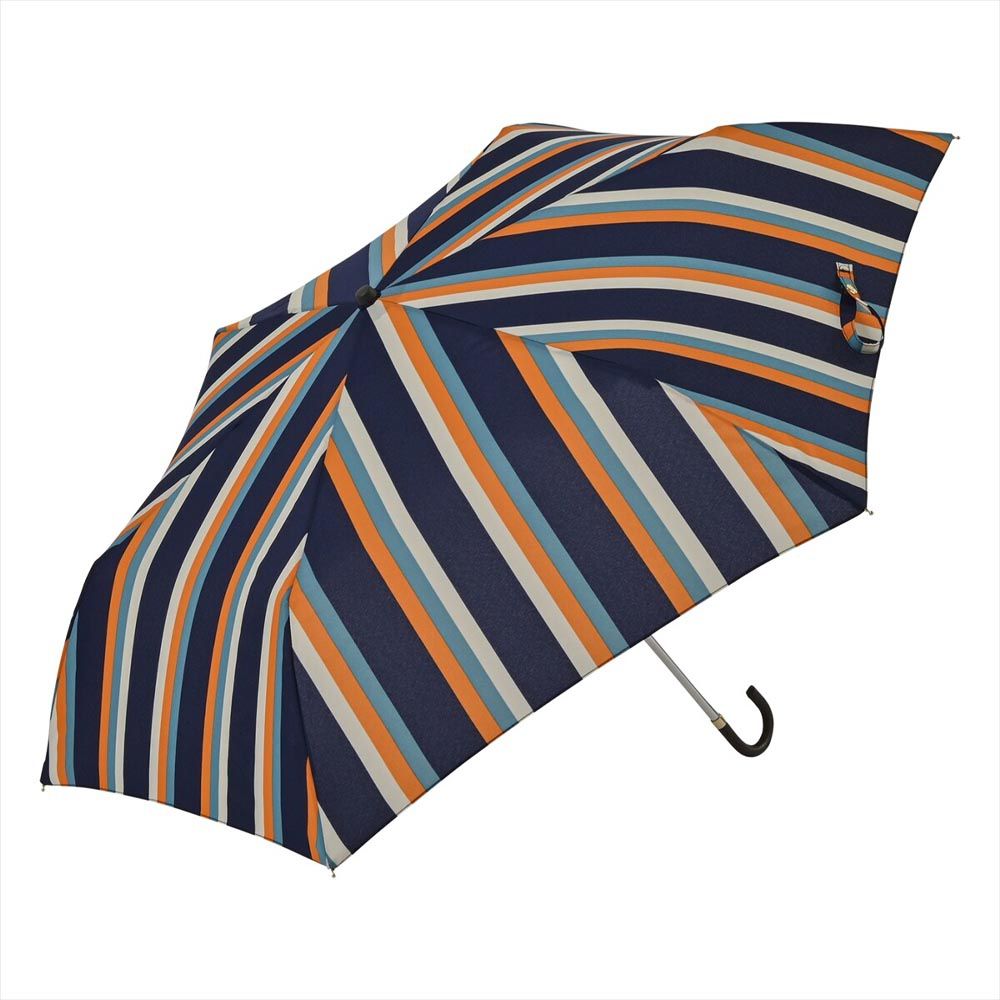 日本 nifty colors - 抗UV輕量 晴雨兩用J型手把折疊傘-經典條紋-深藍 (直徑90cm/173g)