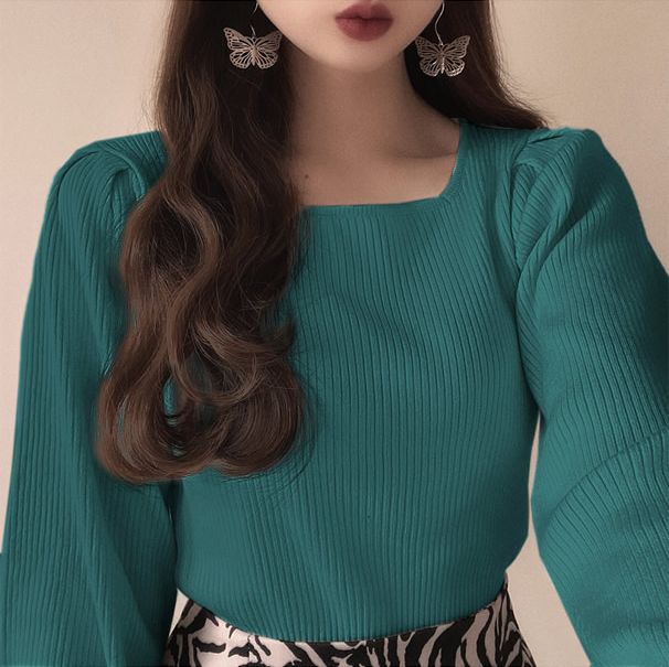 日本 GRL - 方領直羅紋氣球袖針織上衣-玫瑰粉