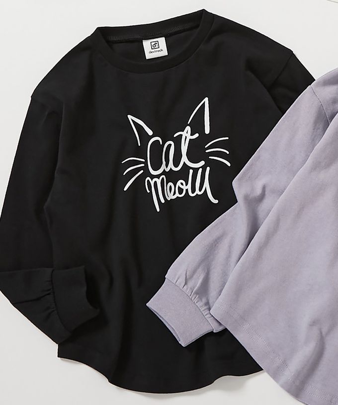 日本 devirock - 100%棉 女孩印花長袖上衣-貓咪線條-黑