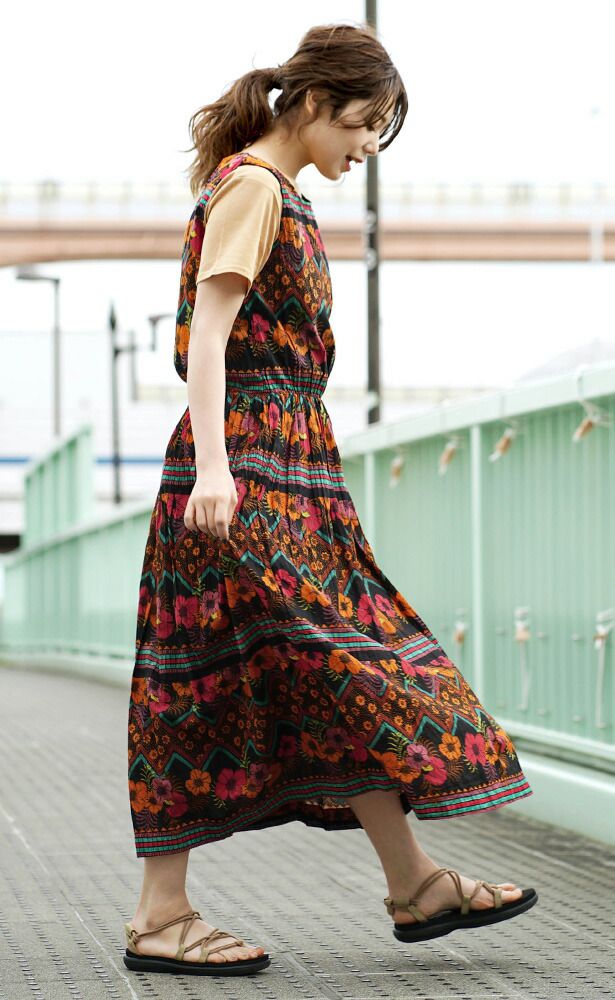 日本 zootie - 100%印度棉碎花無袖長洋裝-黑底歐風花園 (F)