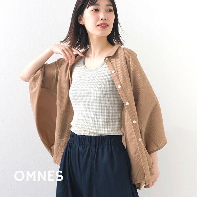 日本 OMNES - 100%印度棉 柔軟透氣寬袖襯衫(附口袋)-卡其