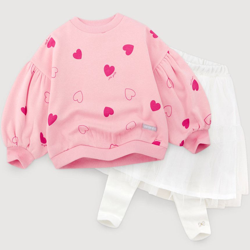 韓國 Jelispoon - (內刷毛)愛心泡泡袖紗裙套裝-紅