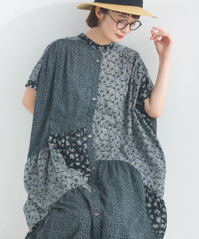 日本 Lupilien - 純棉巴里紗花朵拼布襯衫式洋裝-黃