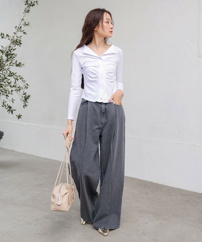 日本 Bab - 腳長效果 摺線丹寧印度棉寬褲-靛藍