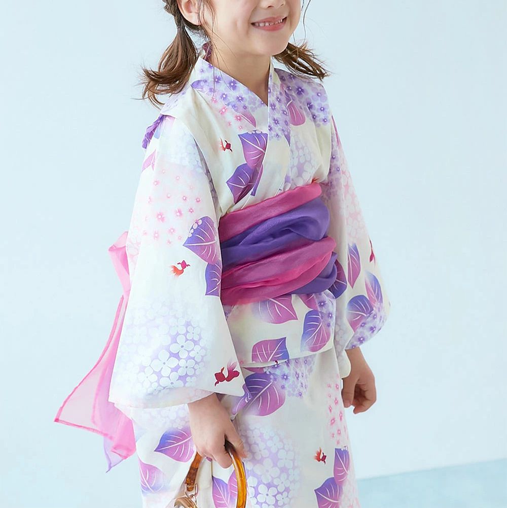 純棉 2way穿搭華麗浴衣洋裝(4件組)-粉彩繡球花-紫白