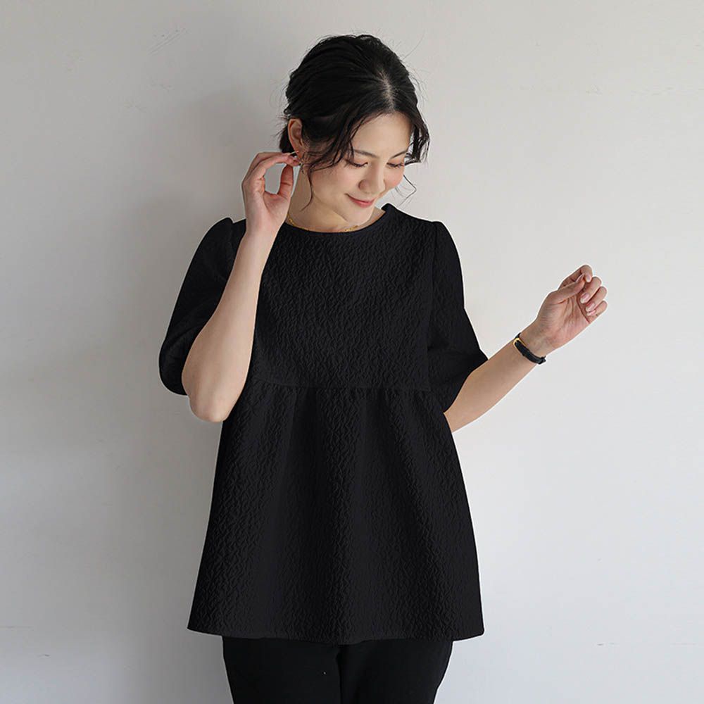 甜美減齡後綁帶泡泡袖上衣-黑色