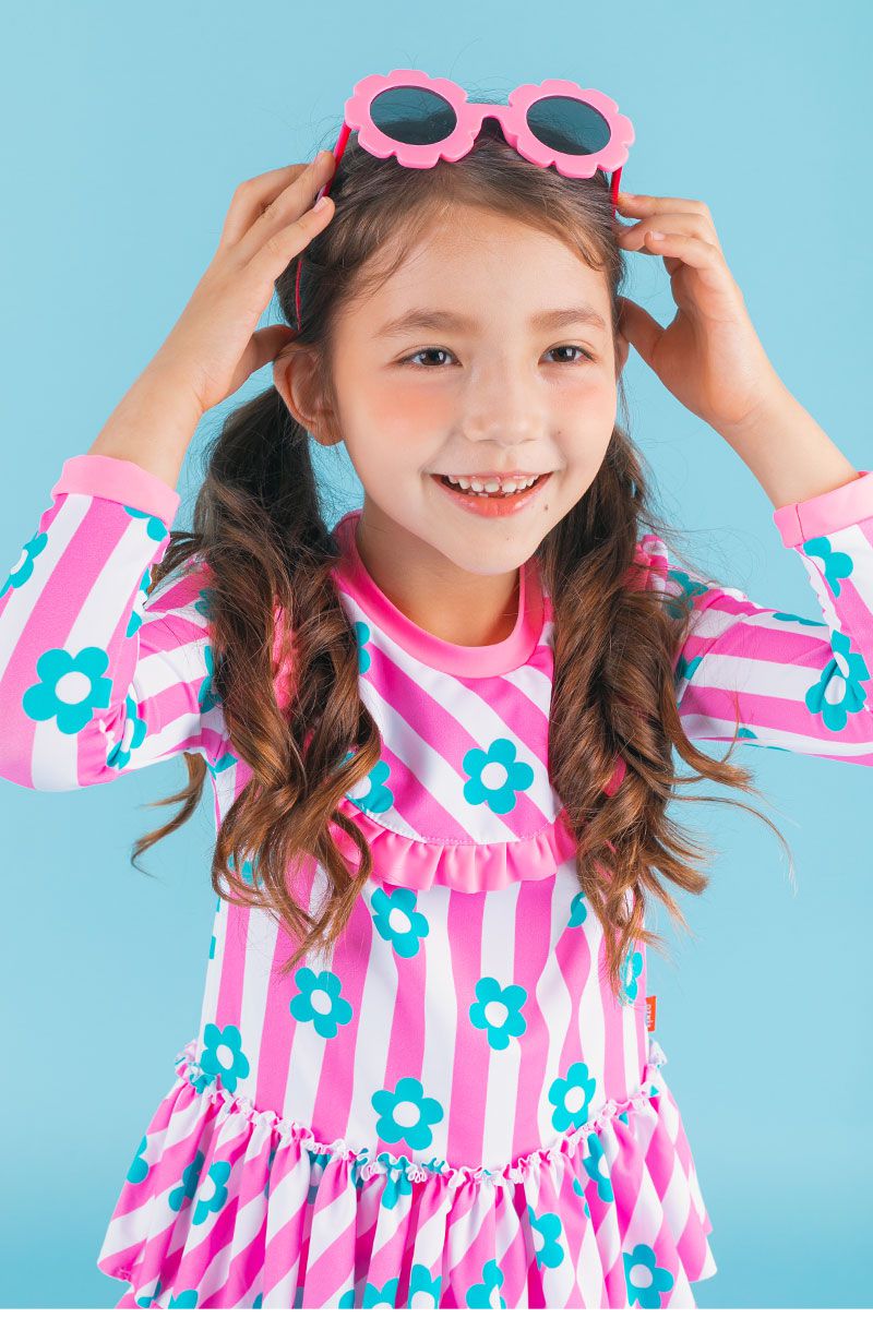 韓國 OZKIZ - 抗UV防曬兒童泳裝-三件組-條紋花