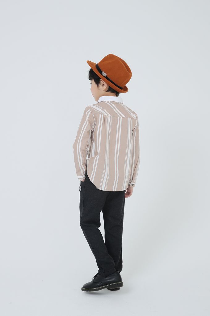 韓國 Coco Bang - 間隔條紋小口袋翻領長袖襯衫-灰