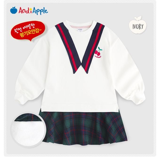 韓國 AndiApple - 學院格紋拼接感內磨毛洋裝-白X綠