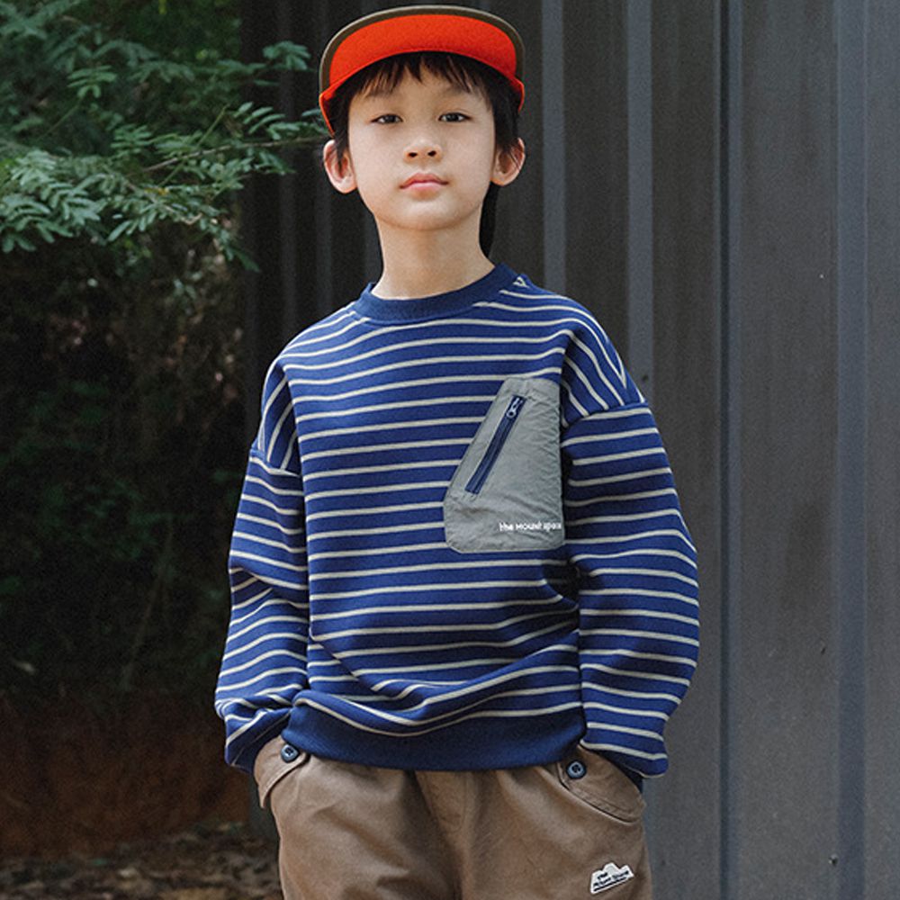 保暖加絨口袋拼接長袖上衣/大學T-藍色條紋