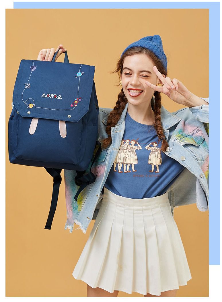 簡約少女感翻蓋書包-刺繡兔子耳朵-藍色-升級款