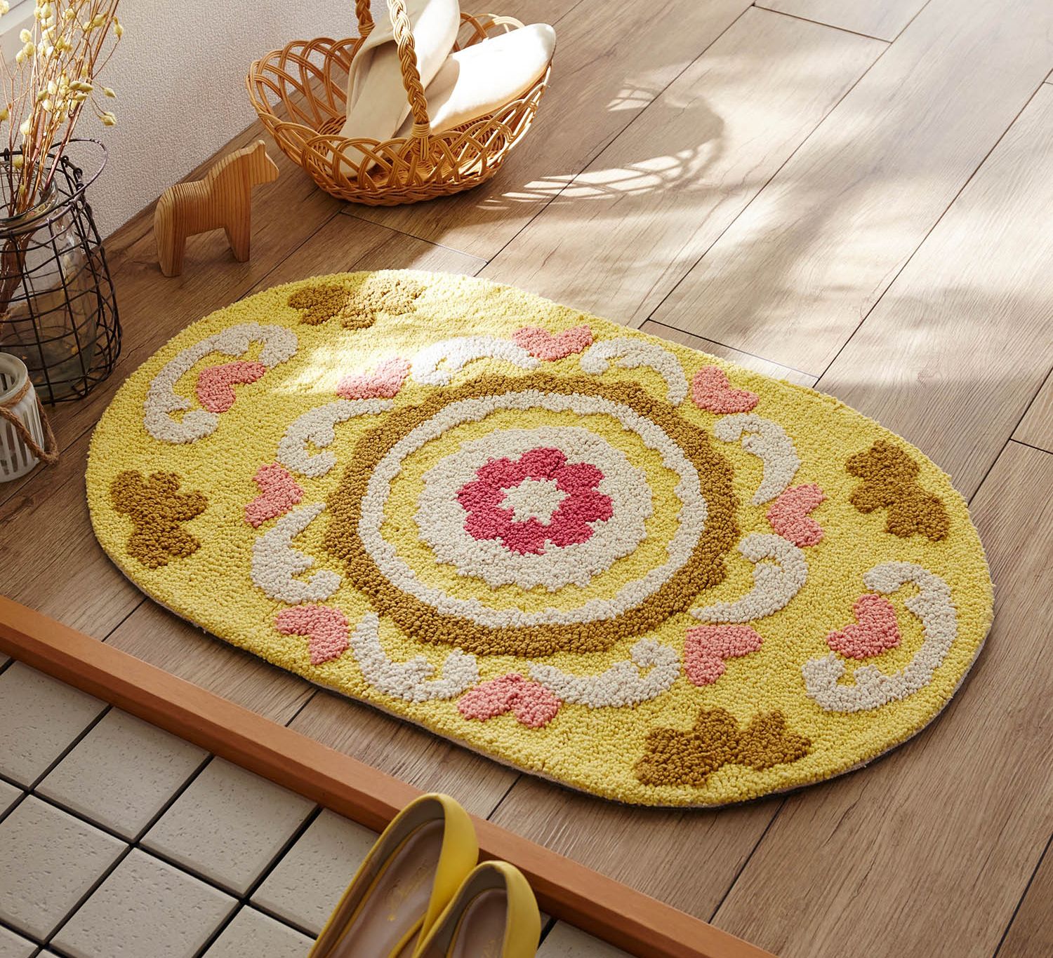 日本千趣會 - 質感純棉腳踏墊(玄關/房門)附贈止滑墊*2-橢圓圖騰-黃