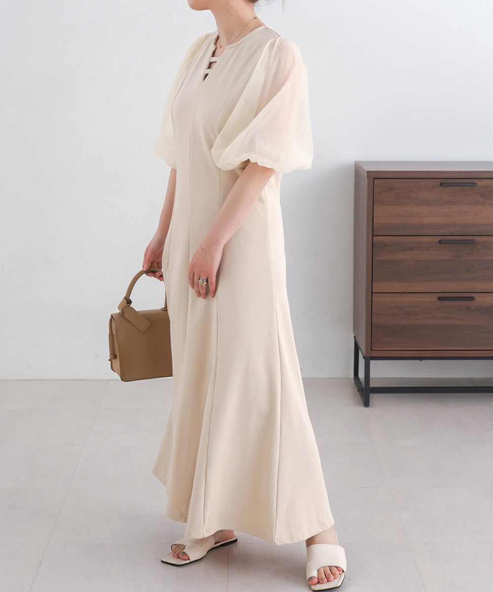 日本 Bab - 浪漫薄紗拼接泡泡袖洋裝-米杏