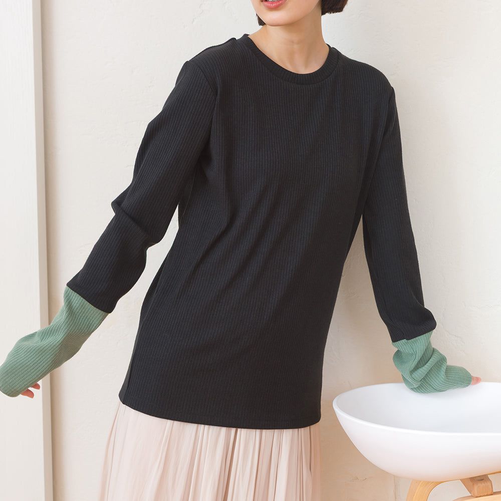 低調簡約雙色羅紋長袖上衣-黑x綠