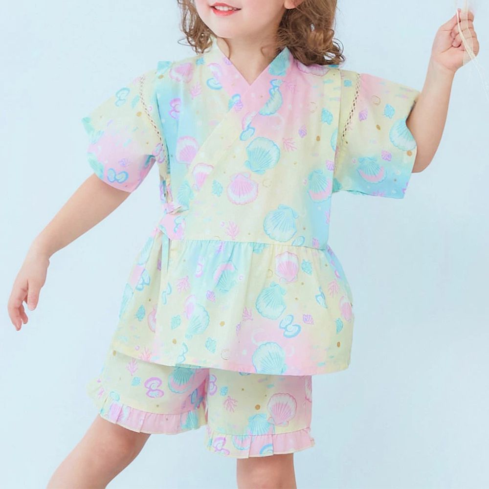 100%棉 可愛荷葉甚平套裝-泡泡貝殼-粉彩黃