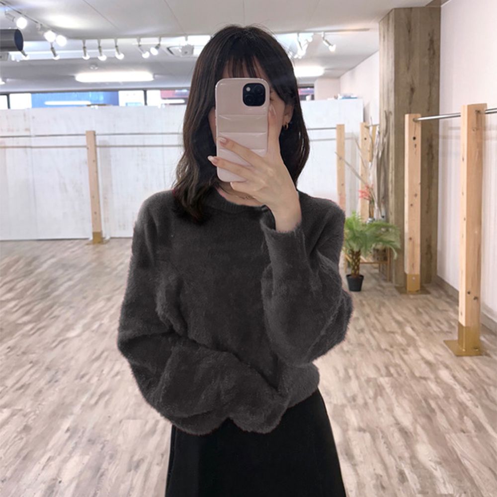 甜美毛海澎澎袖短版毛衣-炭灰 (F)