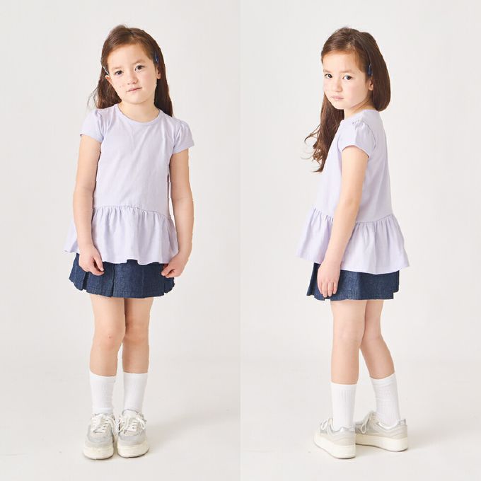 日本 evercloset - 100%棉 層次荷葉衣襬短袖上衣-點點-摩卡