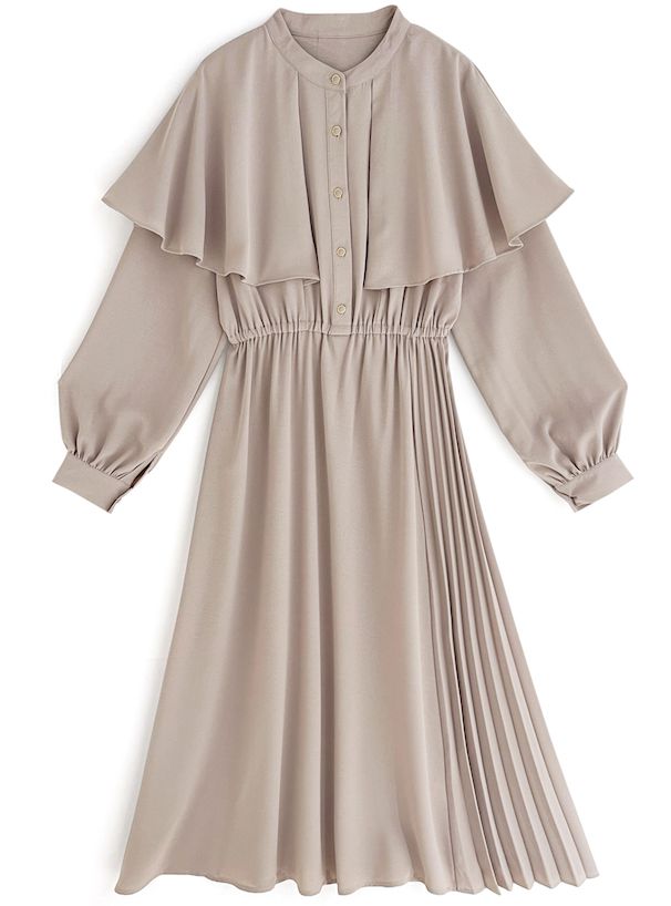 日本 GRL - 法式復古斗篷領收腰長袖洋裝-海軍藍