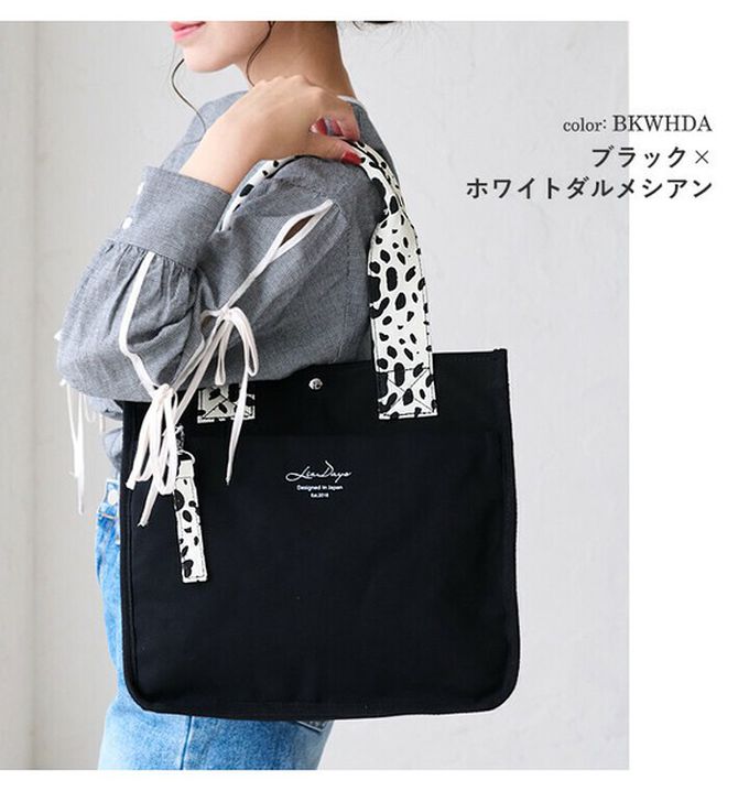 日本 LIZDAYS - 通勤推薦 清爽帆布實用托特包-黑x斑點 (32x33cm)