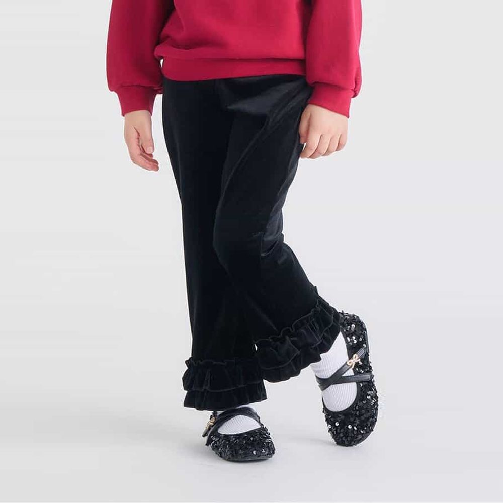 華麗感絨面雙層荷葉長褲-素面-黑