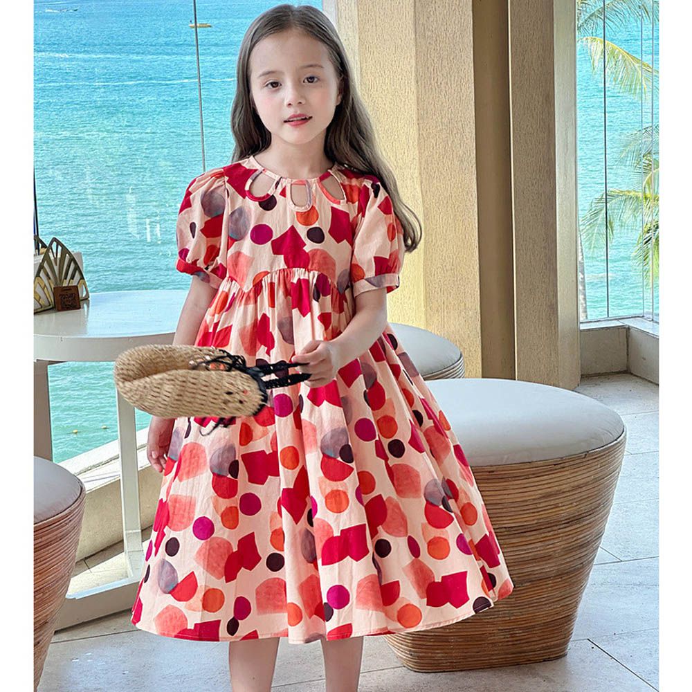 純棉領口鏤空小包袖洋裝-碎花點點-紅色