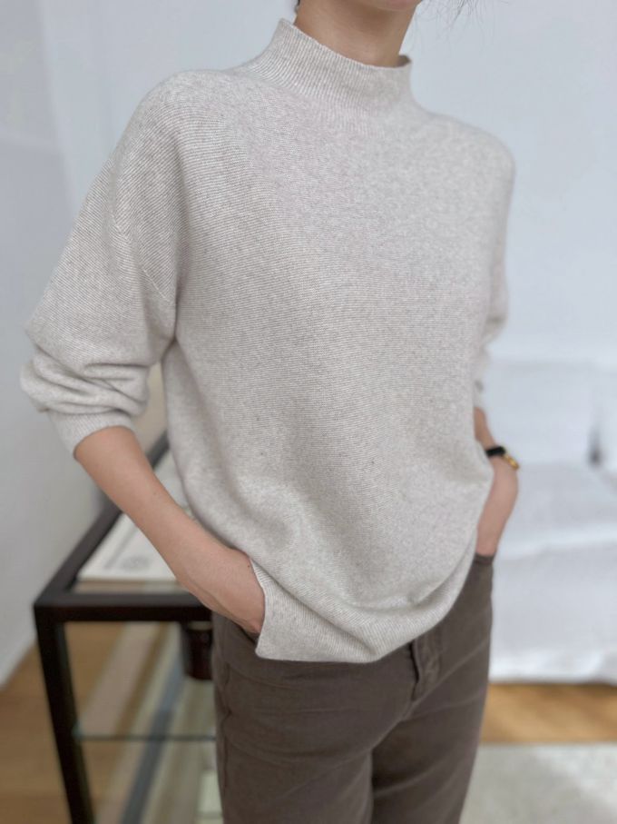 韓國女裝連線 - 斜角側開衩混羊毛針織長袖上衣-可可 (FREE)