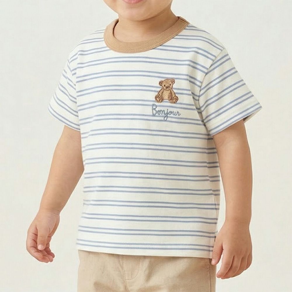 100%棉 可愛百搭短袖上衣-條紋小熊-白x淺藍