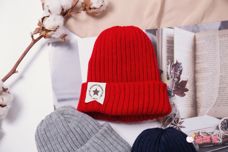 日本 AUBE - 兒童針織毛帽-星星圖騰-深藍