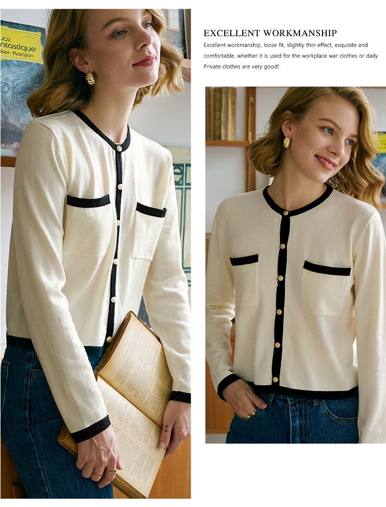 撞色設計感針織上衣-米白色