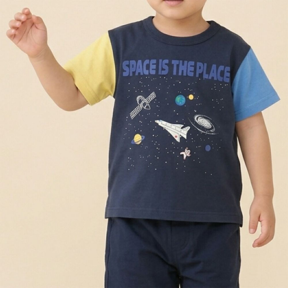 100%棉 可愛百搭短袖上衣-撞色太空-海軍藍