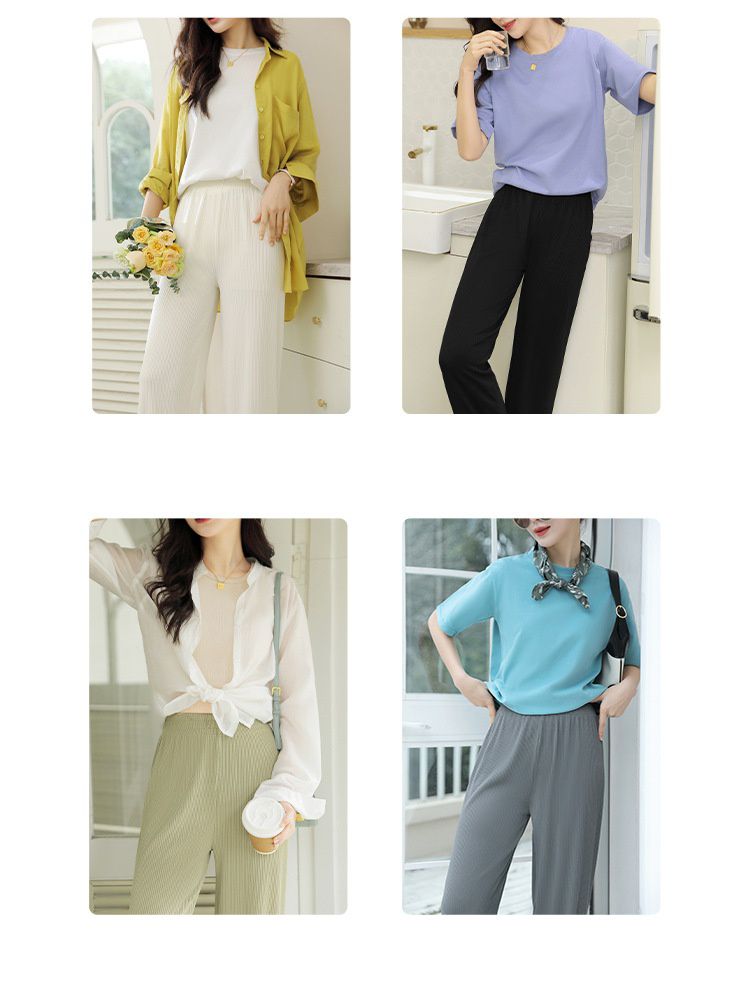 高腰垂墜落地寬褲/皺皺褲-黑色