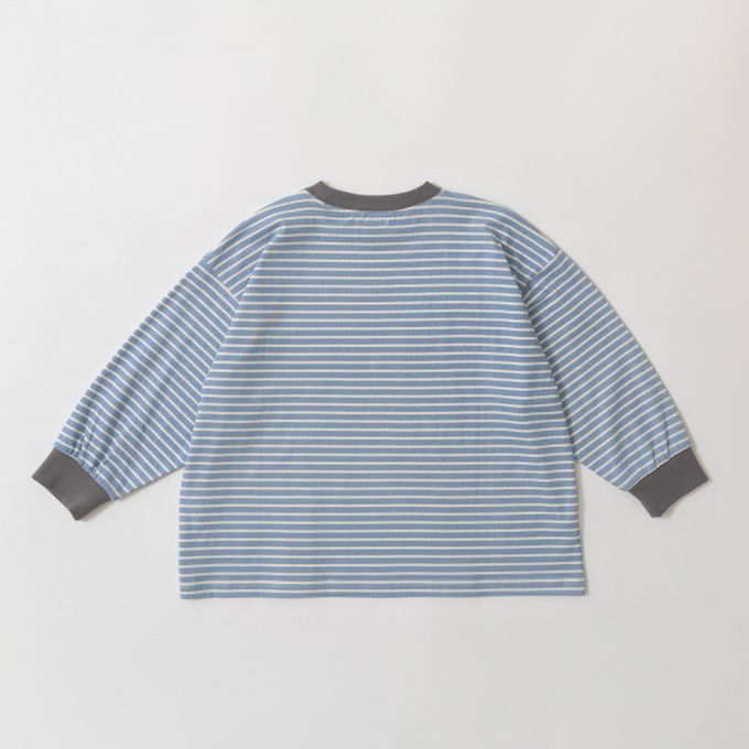日本 b-ROOM - 不易變形定番條紋長袖上衣-水藍x灰