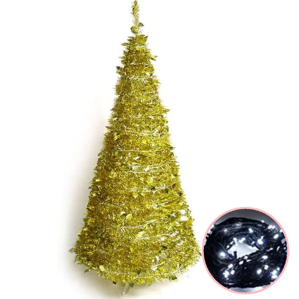 MODACore 摩達客 - 耶誕-4尺/4呎(120cm)創意彈簧摺疊聖誕樹(金色系)+LED100燈串(白光)