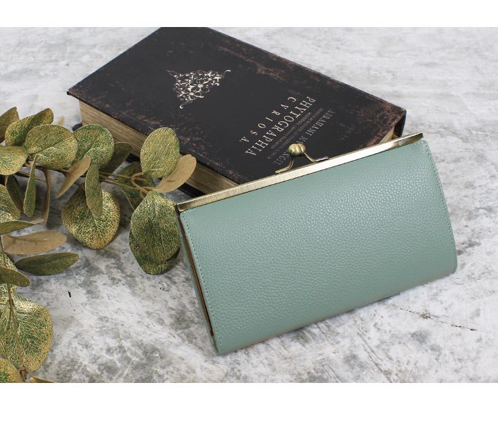 日本 LIZDAYS - 大容量分層口金真皮長夾/皮夾-湖水綠 (11x20x2.5cm)