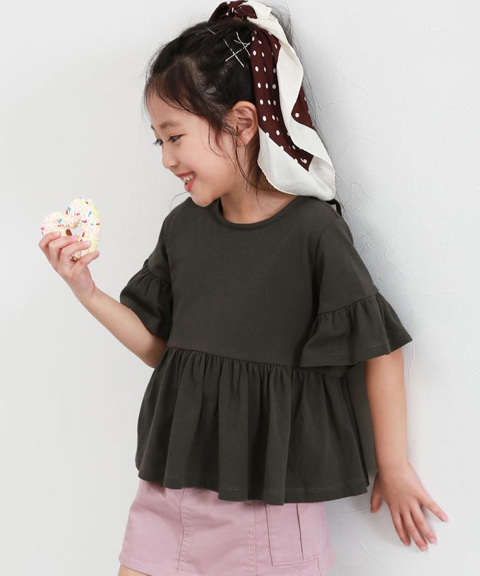 日本 devirock - 寬鬆圓領荷葉五分袖上衣-薰衣草