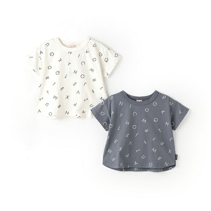 日本 petit main - [低價]接觸冷感 滿版印花短袖上衣-英文-灰