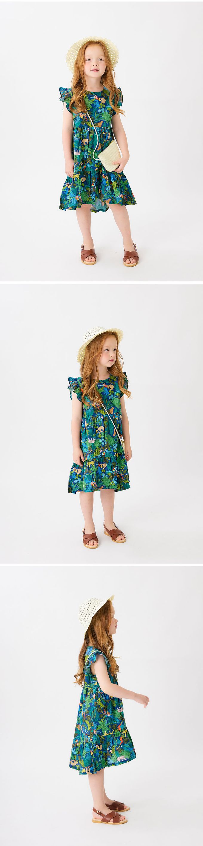 韓國 OZKIZ - (附包包帽子)熱帶棕櫚印飄逸荷葉袖洋裝-深藍X綠