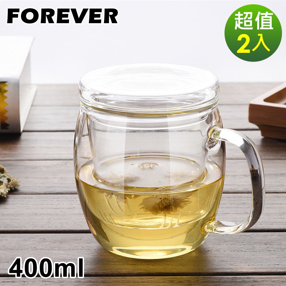 耐熱玻璃把手馬克杯/茶具-2入組(附玻璃濾網)400ML