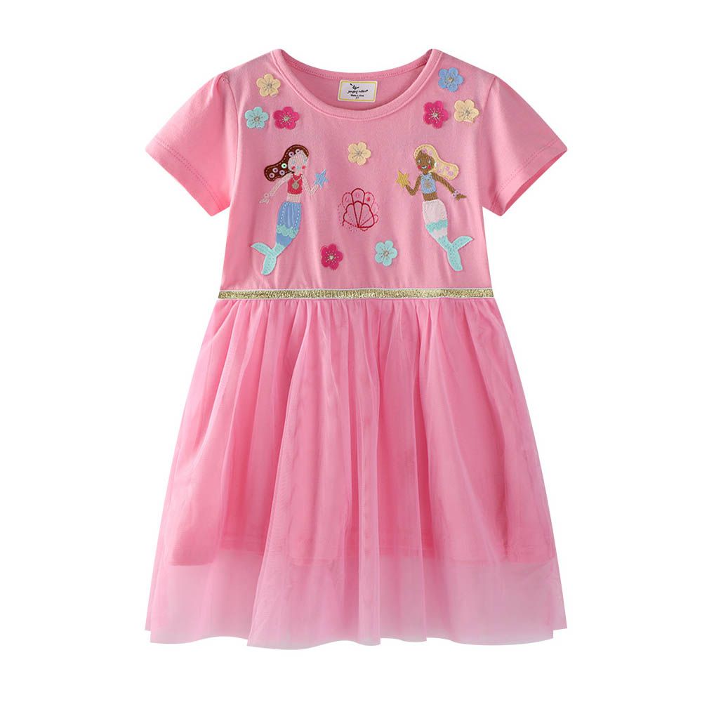 棉質圓領短袖網紗洋裝-人魚公主-粉色