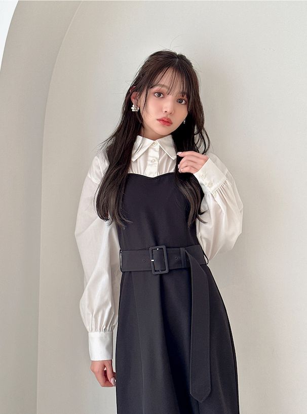 日本 GRL - 桃心領拼接魚尾洋裝(附腰帶)-黑白